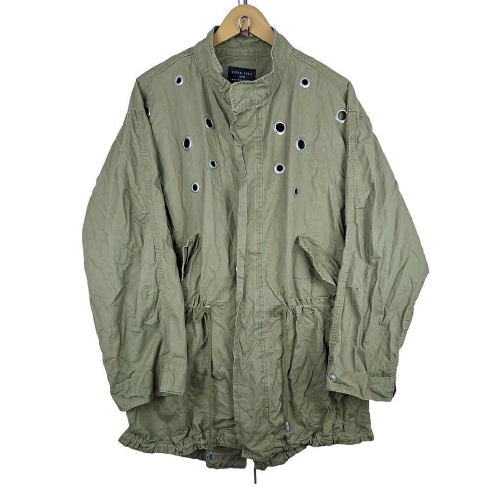 Love Tree Jacket Women Large Green Military Long Sleeve Utility Zip Snap Holes